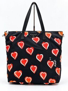 Prada Black Nylon Heart Print Tote Bag Red Orange Hearts Shoulder Bag